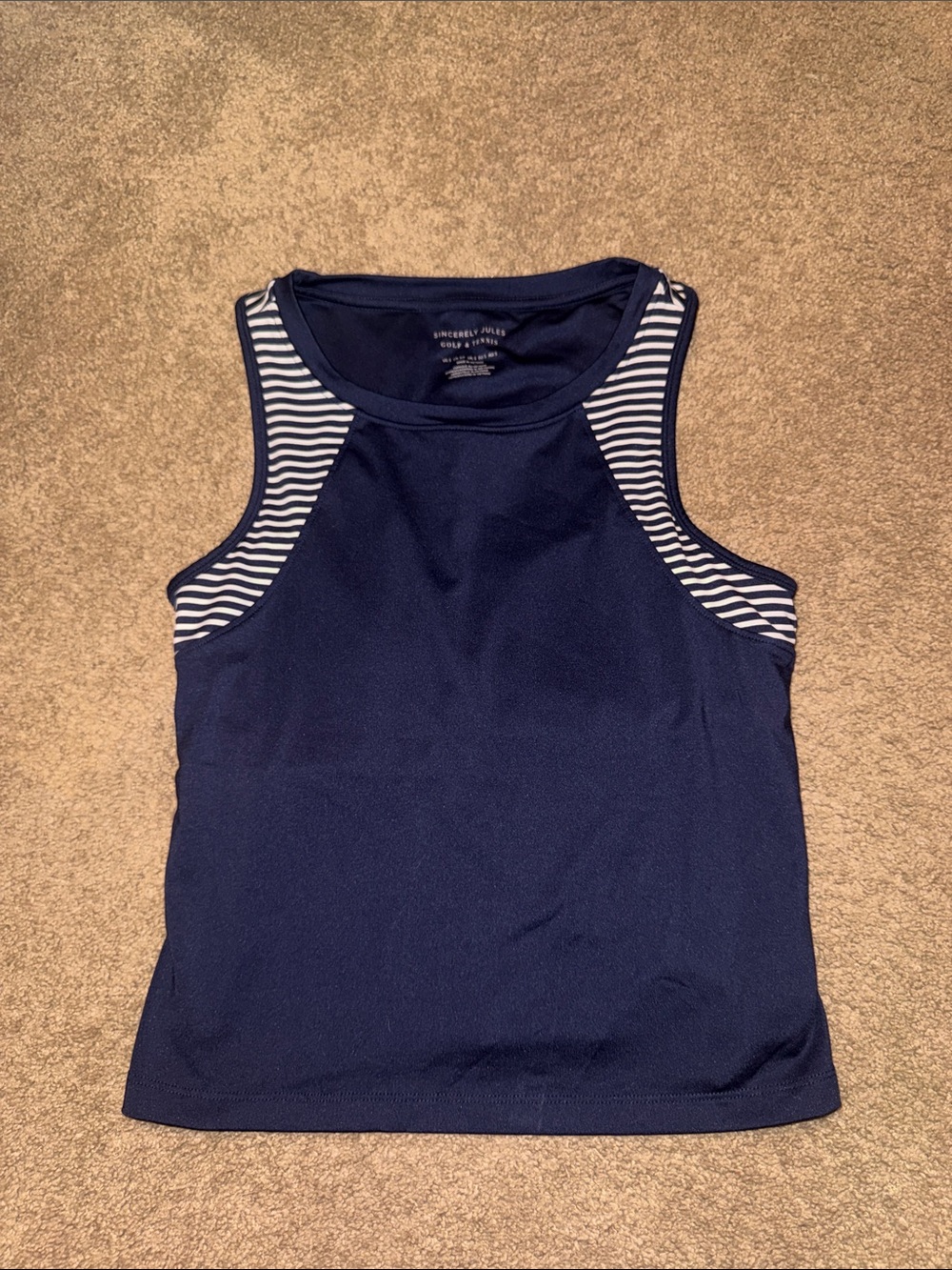 Sincerely Jules Navy Active Tank with White Stripe Shoulder Panels